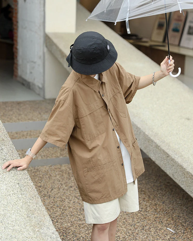 Summer Cotton Short Sleeve Shirts Men's Fashion Retro Pocket Casual Shirts Mens Japanese Streetwear Loose Workwear Shirts Men