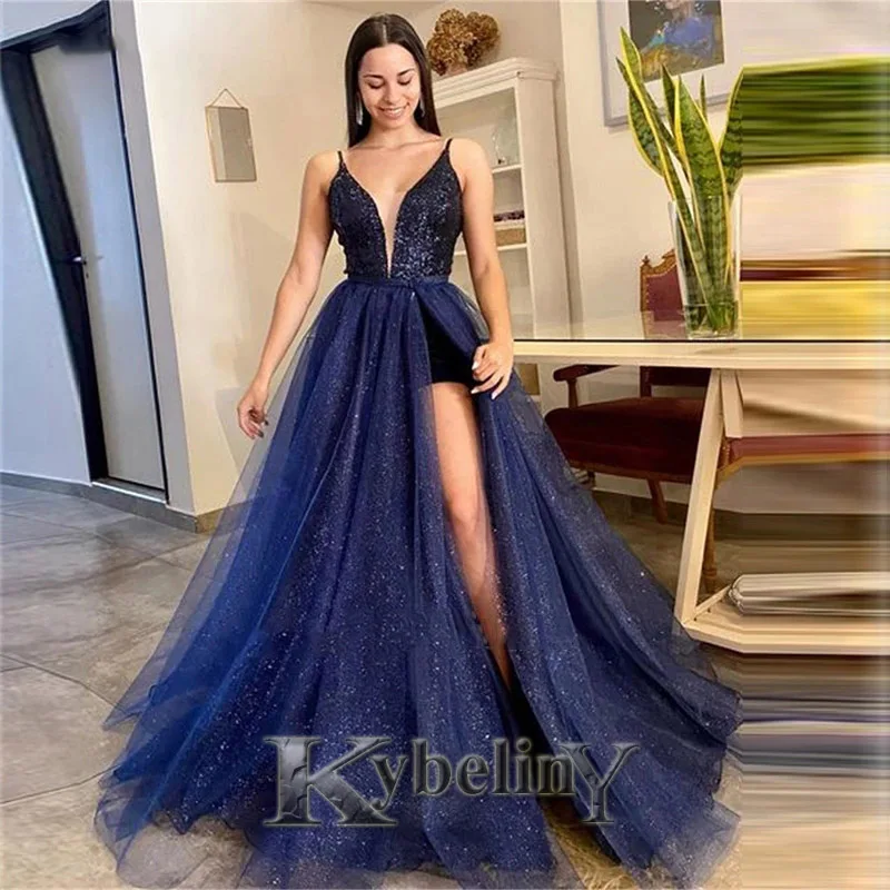 

Kybeliny Glitter V-Neck Evening Dresses Spaghetti Straps Prom Robe De Soiree Graduation Celebrity Vestidos Fiesta Women Formal