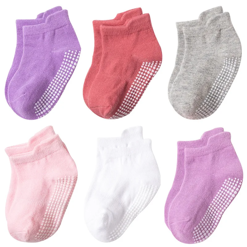 

6 Pairs/lot 0 to 6 Yrs Cotton Children's Anti-slip Boat Socks For Boys Girl Low Cut Floor Kid Sock With Rubber Grips Four Season