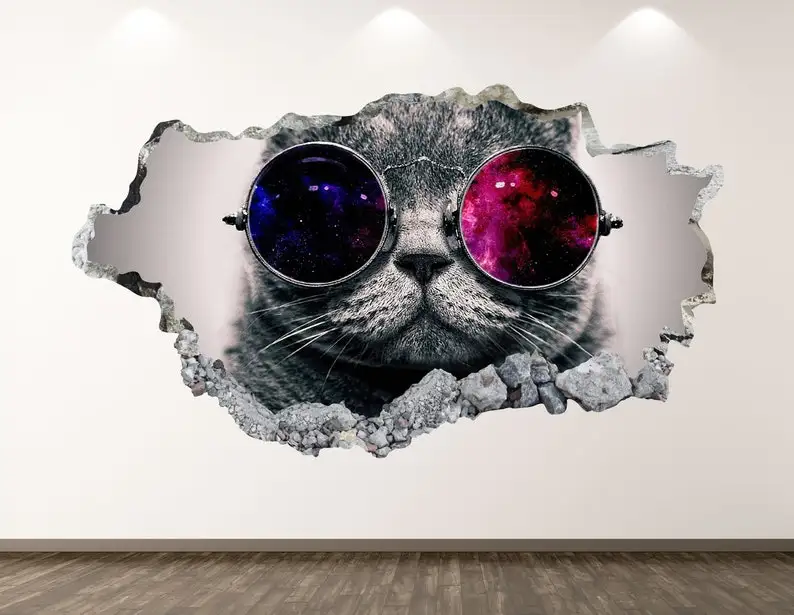 

Fashion Cat Wall Decal - Animal 3D Smashed Wall Art Sticker Kids Decor Vinyl Home Poster Custom Gift KD22