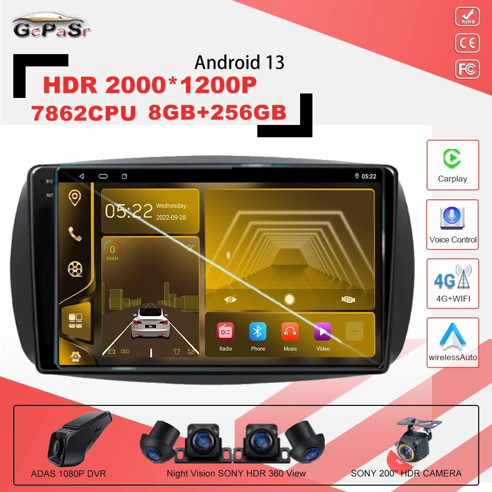 Android 13 для Mercedes Benz Smart 2016 7862CPU Автомобильный радиоприемник WIFI RDS 4G ADAS без 2din плеер