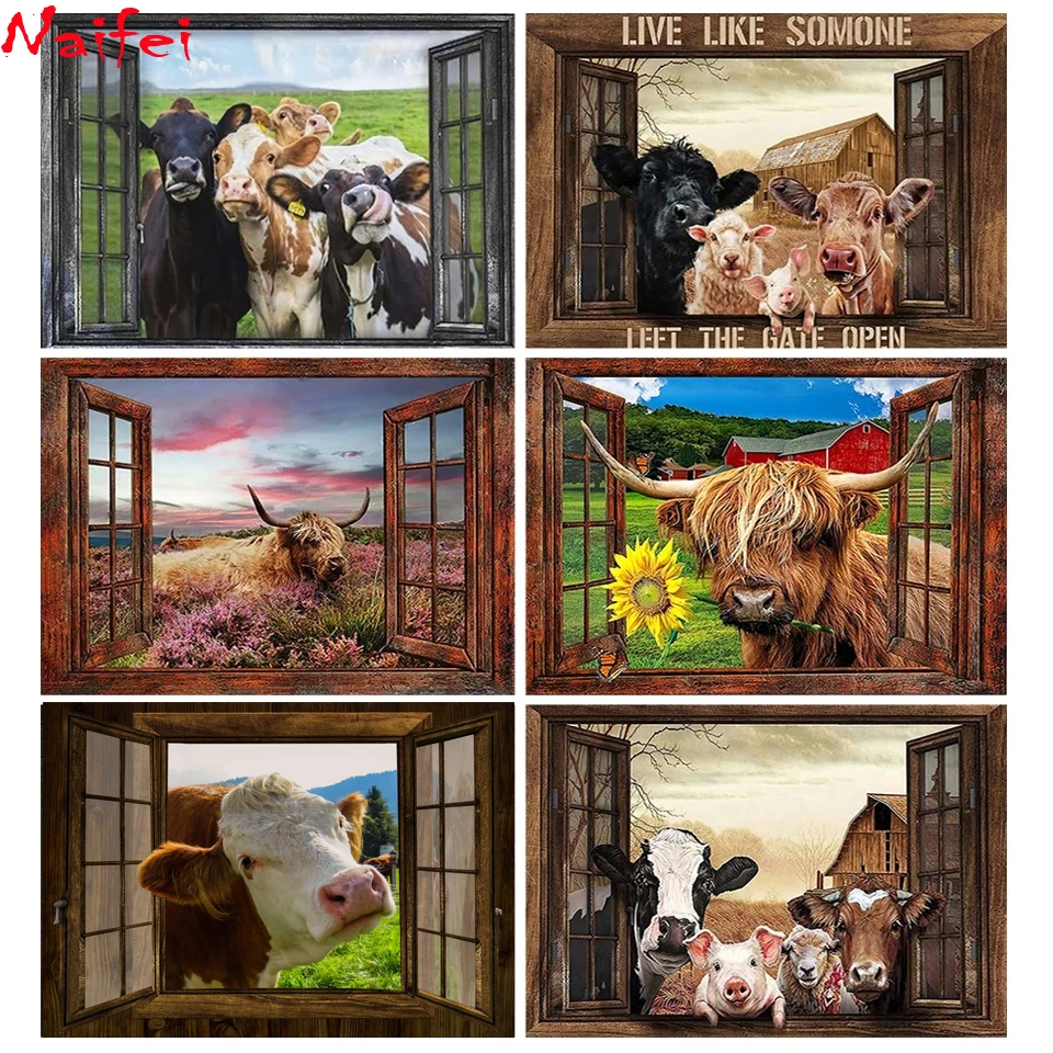 DIY 5D Diamond Painting Funny Cows Window Picture Full Diamond Mosaic Embroidery Cross Stitch Rhinestone Funny Animal Farm Decor