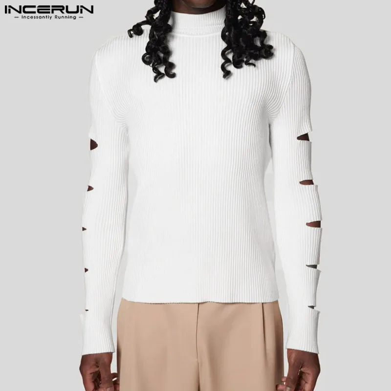 

Футболка INCERUN мужская Трикотажная с высоким воротником и длинным рукавом, модный топ в уличном стиле, повседневная ажурная рубашка, 5XL, 2022