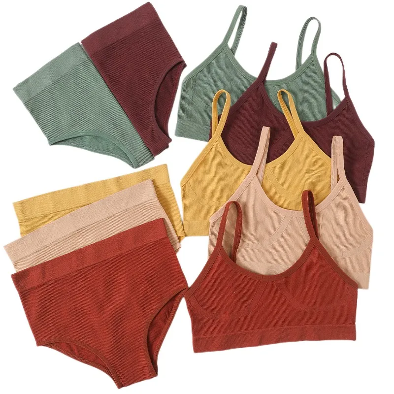 Seamless Bras Panties Set Women Sports Crop Top High Waist Briefs Sexy Lingerie Set Low Back Bralette Sleep Bra Underwear Set