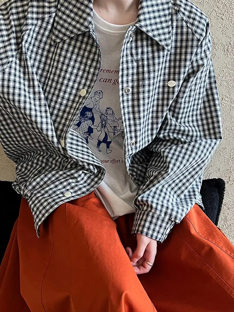 South korea Dongdaemun 2024 Autumn New Loose Plaid Design Sense Long sleeve Slimming Shirts Outerwear Top Women