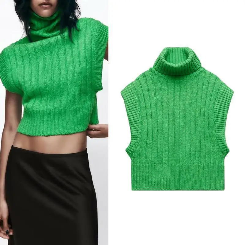 

PB &ZA autumn new casual top design sense loose high neck cropped ribbed sleeveless knit vest