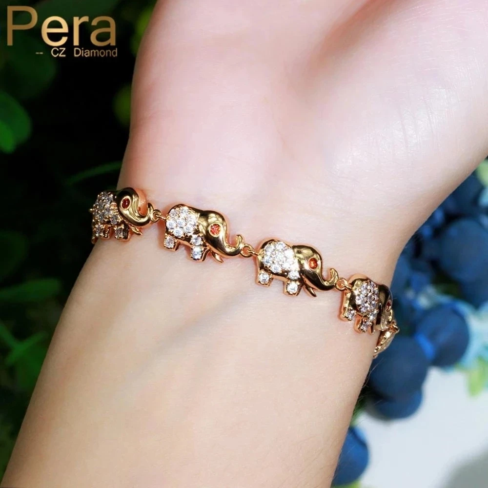

Pera Cute Elephant Shape Animal Charm Bracelets Bangle for Women 585 Rose Gold Color Red White CZ Wedding Party Jewelry B186
