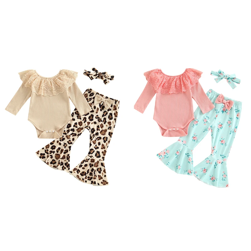

3Pieces Outfit Fall Spring Newborn Baby Girls Lace Ruffle Ribbed Romper Tops + Leopard/Floral Print Flared Pants + Headband Set