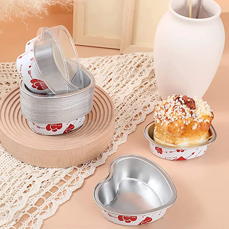 

10Pcs 100ML Heart Shaped Aluminum Foil Cake Pan Cupcake Cup With Lids Flan Baking Pans For Mother's Day Valentine's Day Wedding