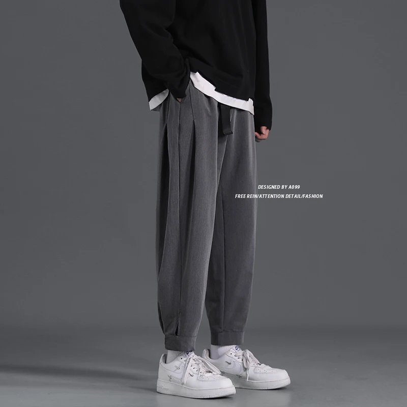 

Privathinker Men's Suit Pants Loose Fashion Solid Color Harem Pants Belt Design Hip Hop Male Casual Trousers New Streetwear