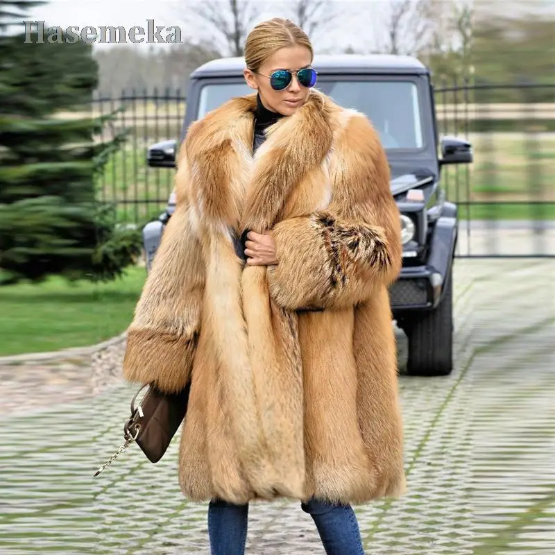 

90cm Long Real Red Fox Fur Coat Thick Warm Winter New Luxury Overcoat Women Genuine Whole Skin Red Fox Fur Coats with Fur Collar