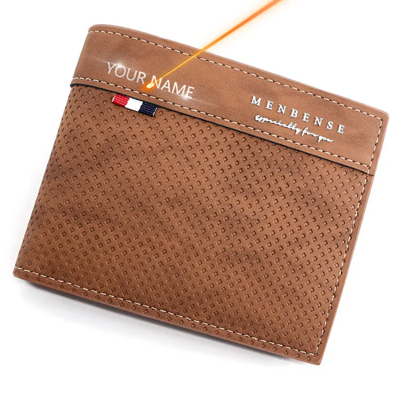 

New Short Men Wallets High Quality Brand Card Holder Name Print Slim Male Purses PU Leather Coin Pocket Simple Men's Wallet