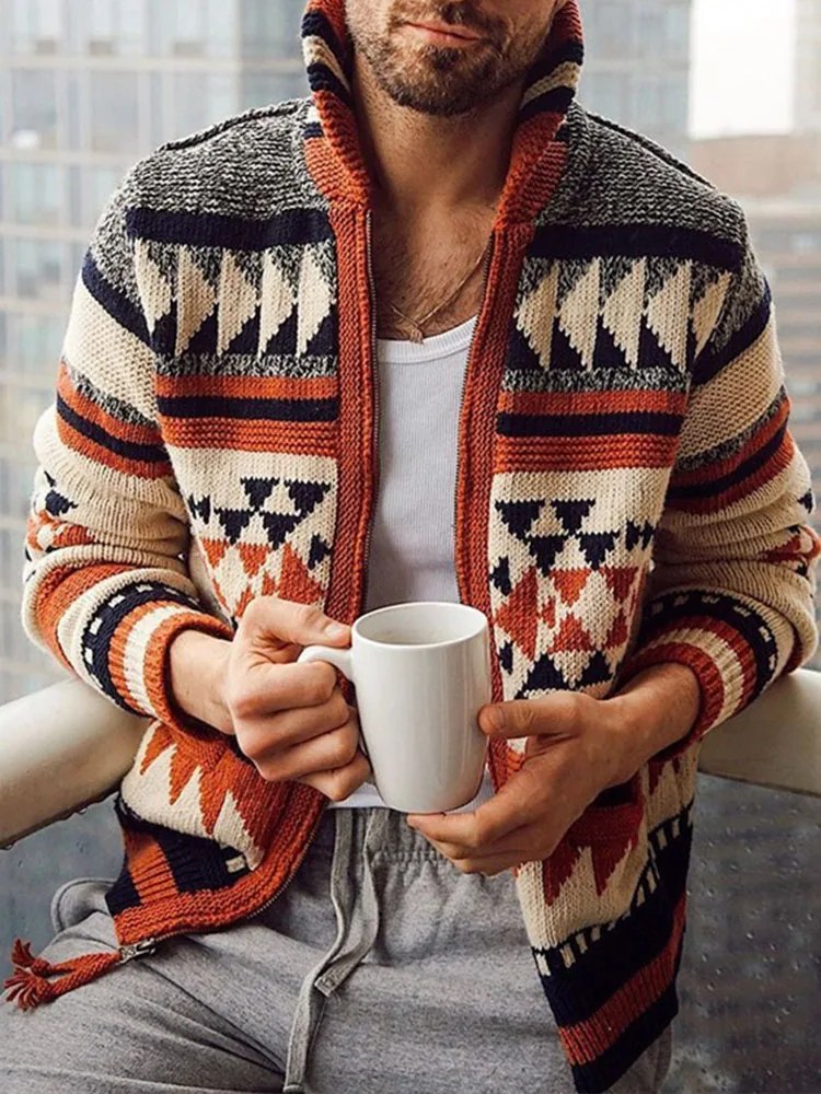 

Мужская модель-европейский и американский жаккардовый свитер с длинным рукавом и воротником