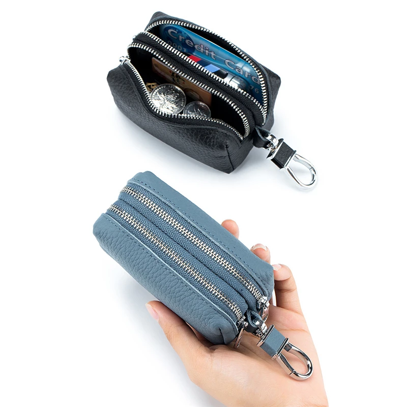 

New Versatile Genuine Cowhide Top Layer Cattle Leather Small Items Coins Lipsticks Case Double Zipper Bag Car Keys Holder
