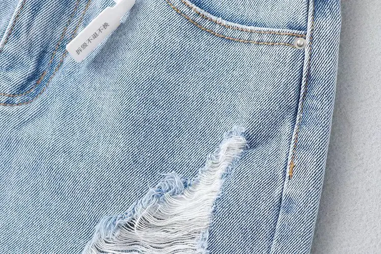 Elmsk Ins Fashion Blogger High Street American Retro Solid Color Washed Whiskered Shorts with Holes Mom Denim Bermuda