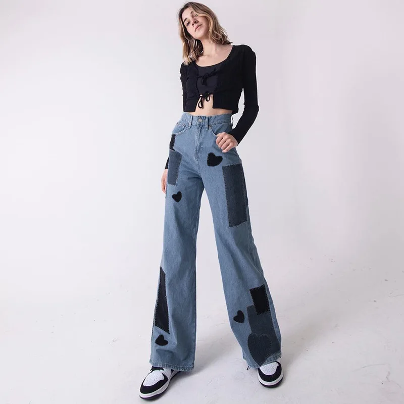 

2022 Women Vintage Jeans Fashion Splicing Contrast Color High Waist Straight Jeans Irregular Color Matching Casual Trousers