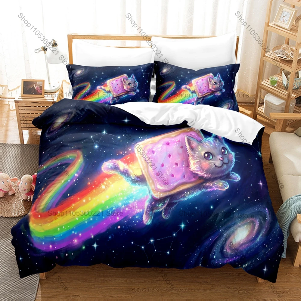 Фото Комплект постельного белья с мемом Rainbow Alien Nyan Cat: 1 пододеяльник + 2 наволочки, милый интернет-мем, мультяшный дизайн, подарок, домашний текстиль №3