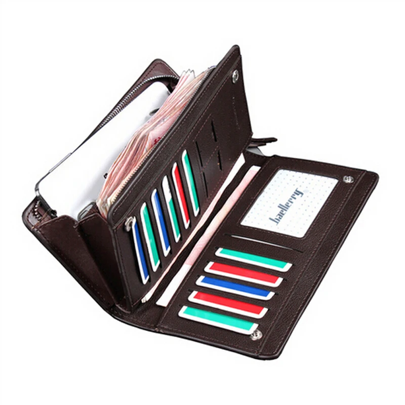 Baellerry Long Men Leather Wallet Large Capacity Business Purse With Zipper Credit Card Holder For Male Phone Clutch Money Bag