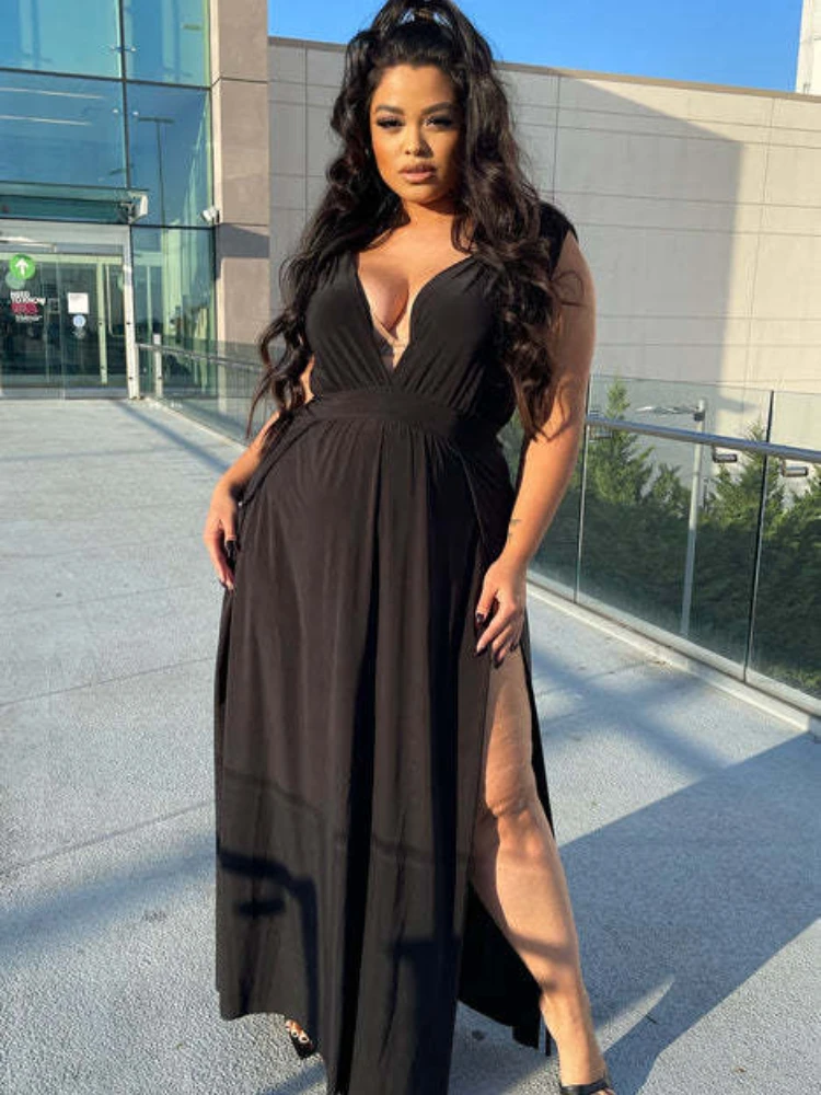 

Black Plus Size Dresses Deep V Neck Sleeveless High Waist Slit Women Summer Evening Cocktail Party Long Prom Outfits for Ladies