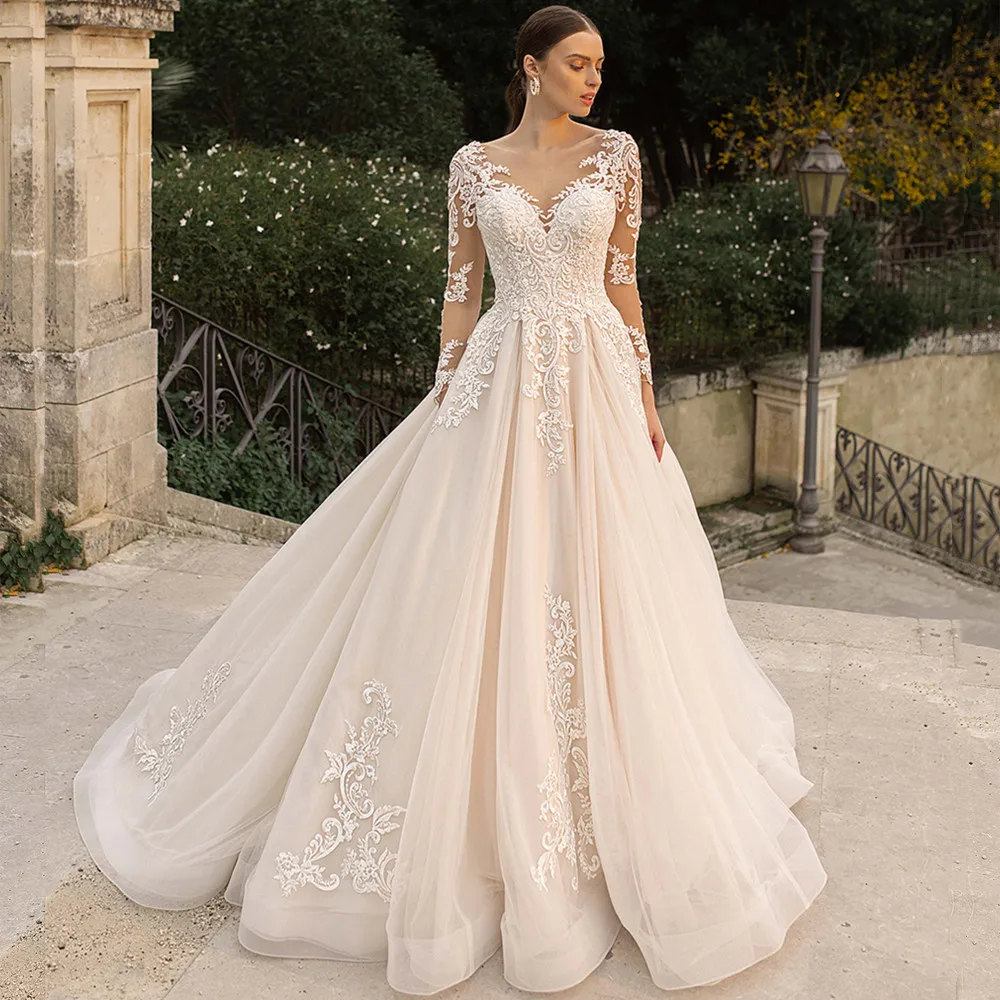 

Elegant V-neck Wedding Dress 2022 Long Sleeves Lace Appliques Illusion A-Line Princess Ball Gown Vestido De Novia Button Organza