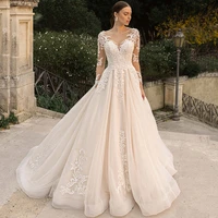 elegant v neck wedding dress 2022 long sleeves lace appliques illusion a line princess ball gown vestido de novia button organza
