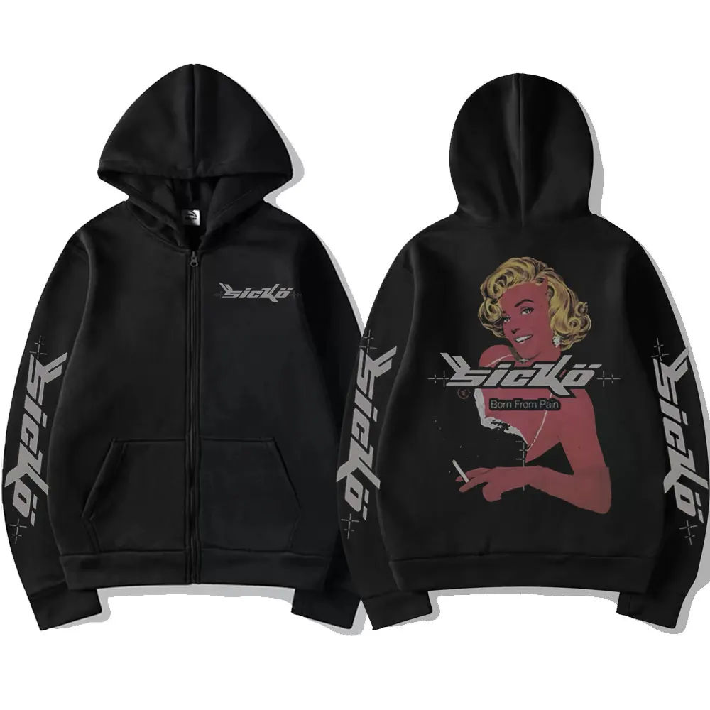 

Hot Sale New Sicko Born From Pain Graphic Print Zipper Hoodie Men Women Loose Streetwear Men's Black Fashion Hip Hop Zip Hoodies