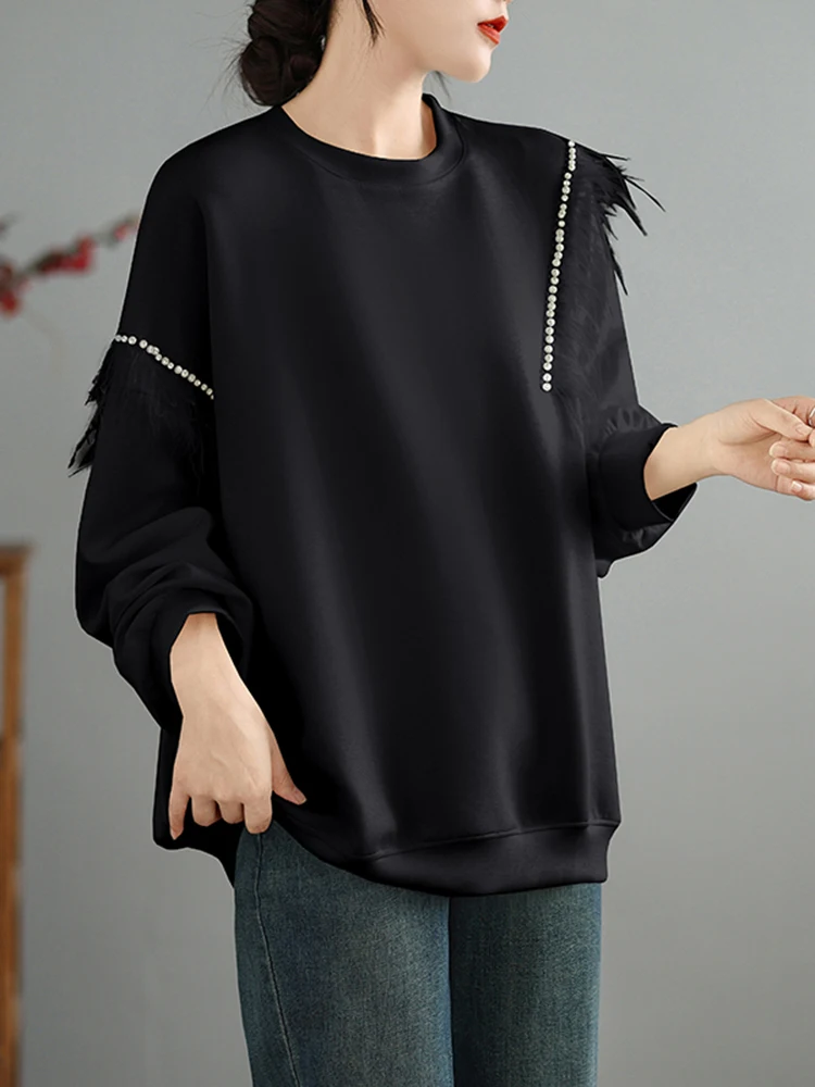 Черные толстовки с перьями и бусинами женские корейские модные Свободные