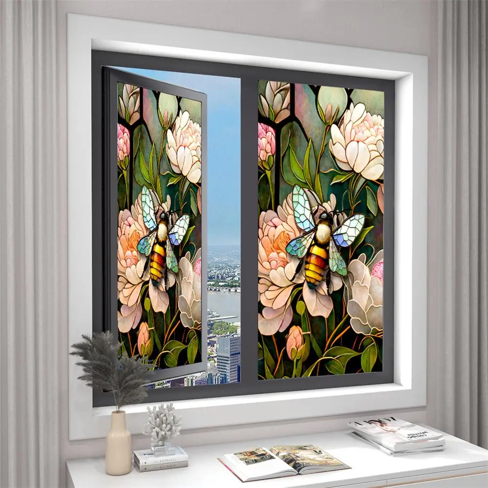 

Floral Bee Static Window Stickers Non-adhesive Removable Sun Blocking Stained Glass Privacy Window Film for Balcony 60x100cm