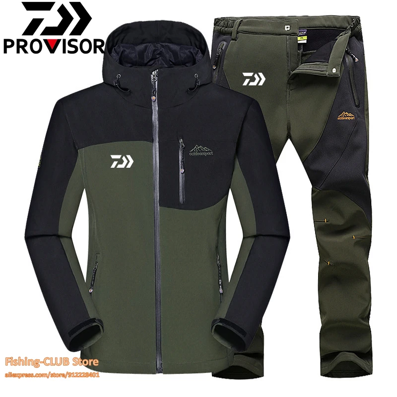 Daiwa Winter Men's Outdoor Sports Warm Fleece Suit Hooded Waterproof Skiing Coats Trekking Camping Climbing Fishing Jackets