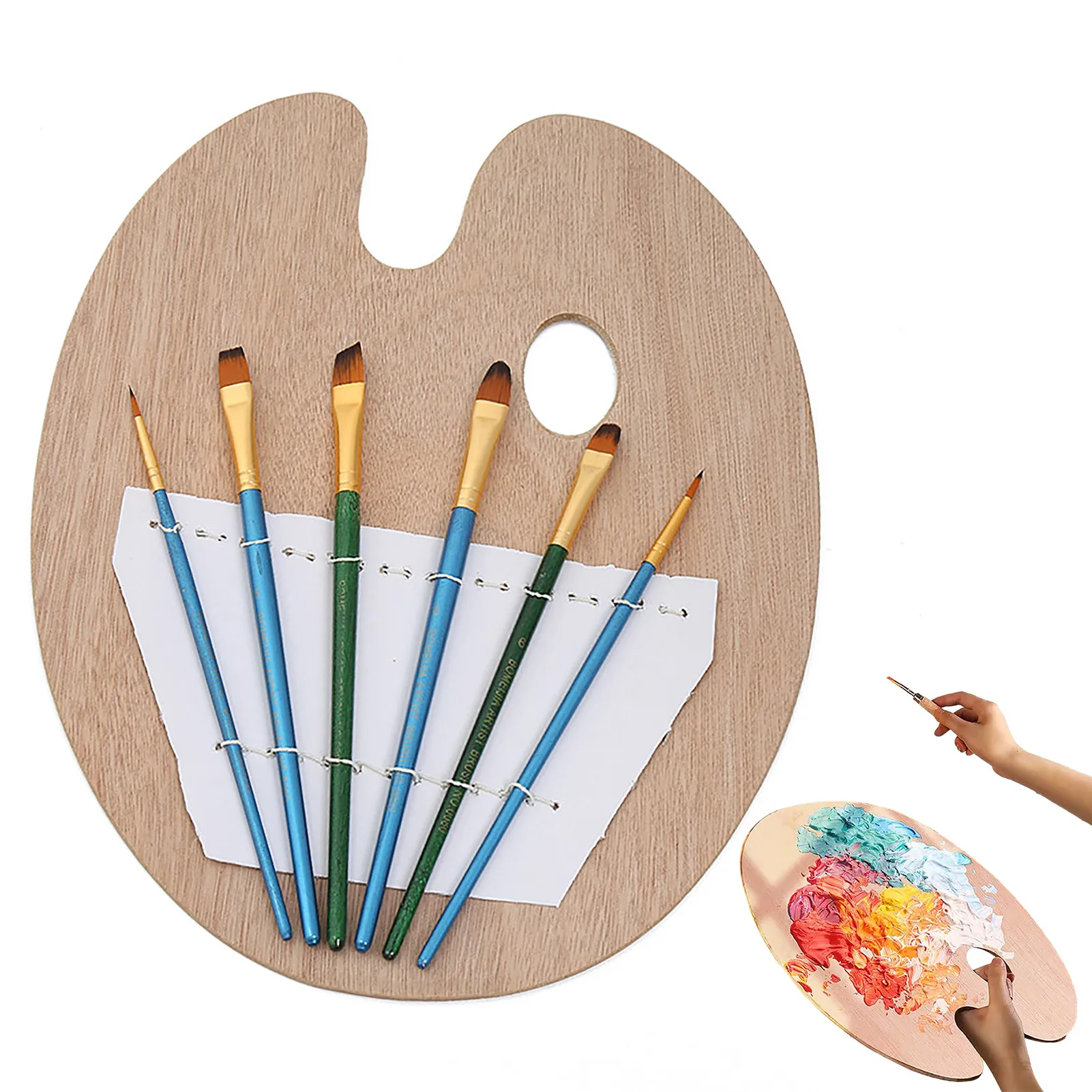 

Palette And 6 Paintbrushes Set Wooden Artists Palette With Thumb Hole Oil Watercolor Paint Palette Tray For Adults Kids