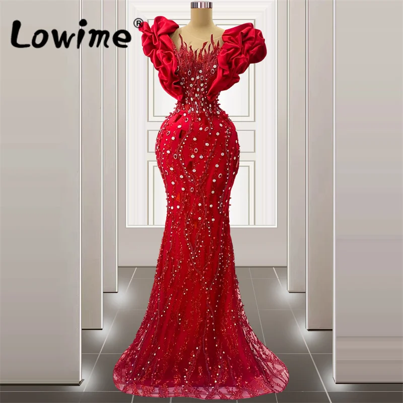 

Red Arabic Dubai Mermaid Evening Dresses 2023 Plus Size Crystals Long Women Formal Party Gowns Robe Beaded Prom Dress Customize