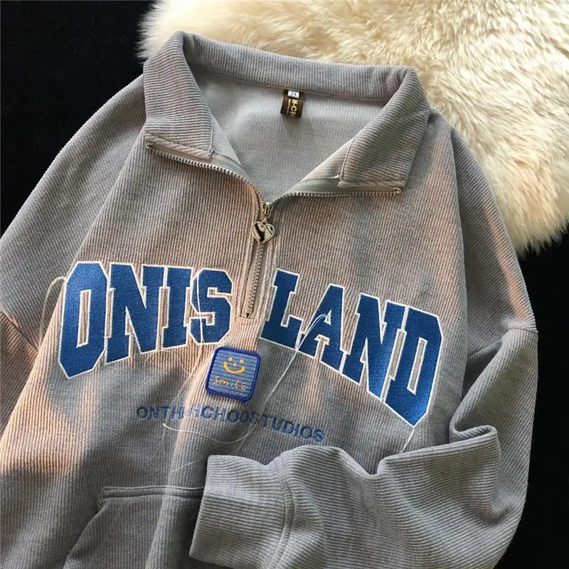 

Серый Американский свитшот с воротником-поло, пуловер с полумолнией, свитшот для женщин и мужчин, осень 2022, Свободные повседневные толстовки Ins, топы для студентов