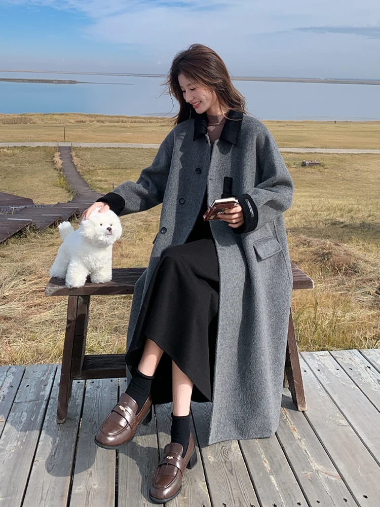Gray Design Sense Double-sided Cashmere coat Women 2024 Winter New Korean Series Temperament Mid-Length Woolen Jacket