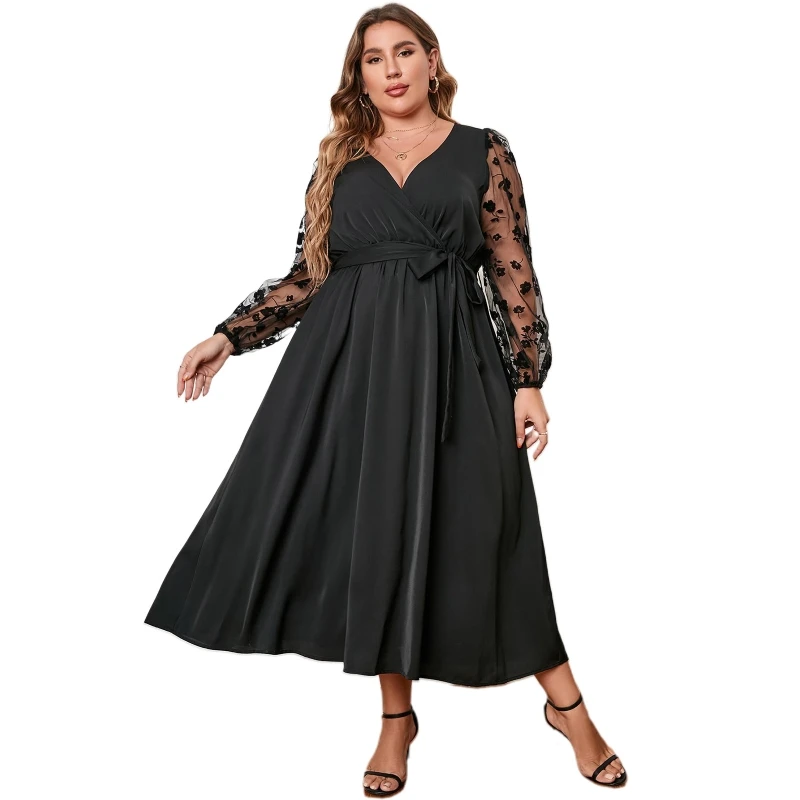 

French Style Floral Mesh Stitching Puff Sleeves Women Flared Midi Swing Dress
