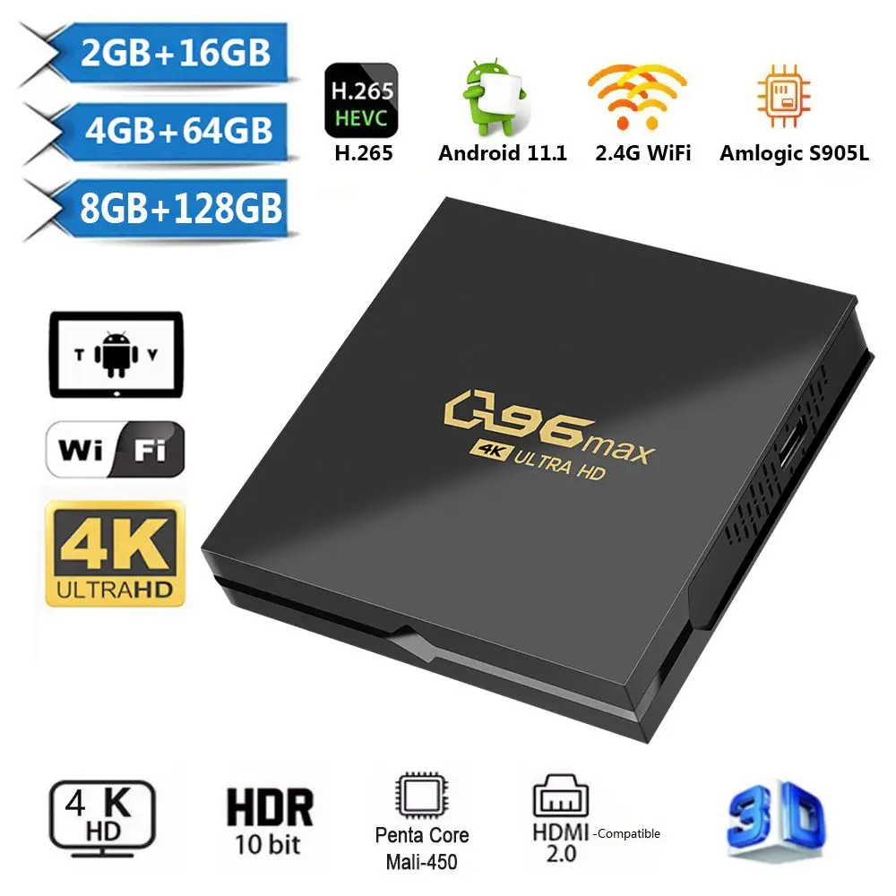 

1PC Media Player Q96 MAX Smart TV Box Android 11 Amlogic S905L Quad Core 2.4G WIFI 4K Set Top Box 8GB+128GB H.265 Home Theater