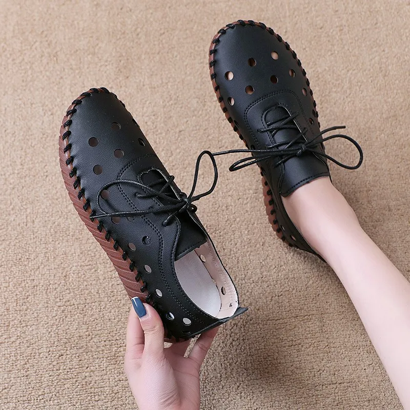 

Plus Size Casual Shoes for Women 2023 Summer Hollow Breathable Women Flats Shoes Vintage Soft Leather Non Slip Ladies Work Shoes