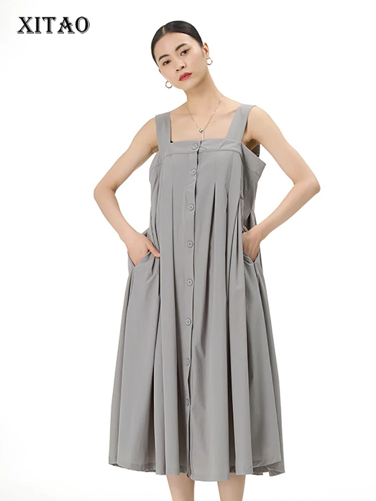 

XITAO Square Collar Spaghetti Strap Dress Single Breasted Solid Color Patchwork Folds Loose 2023 Summer Casual Fashion DMJ1918