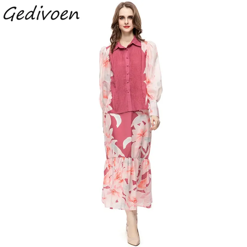 

Модный дизайнерский летний костюм Gedivoen с юбкой с цветочным принтом, Женский плиссированный топ на пуговицах с отложным воротником и полуюб...