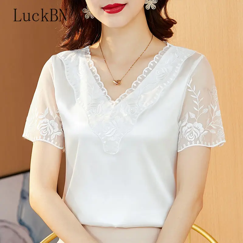 Летняя блузка рубашка 2022 новые модные атласные кружевные топы с коротким рукавом
