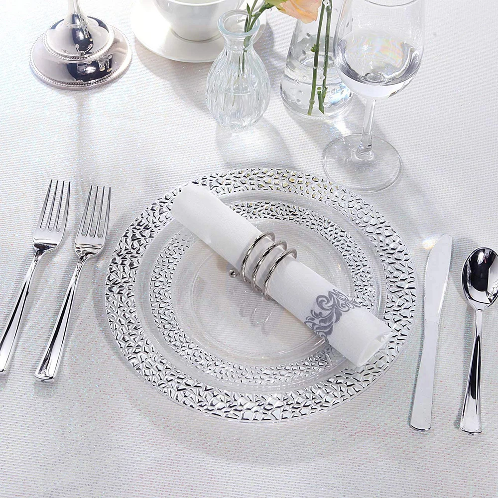 Disposable Tableware 7.5in and 10.25in Silver Lace Plastic Plate Plastic Silverware Plastic Cup Wedding Party Supplies 60 Pcs