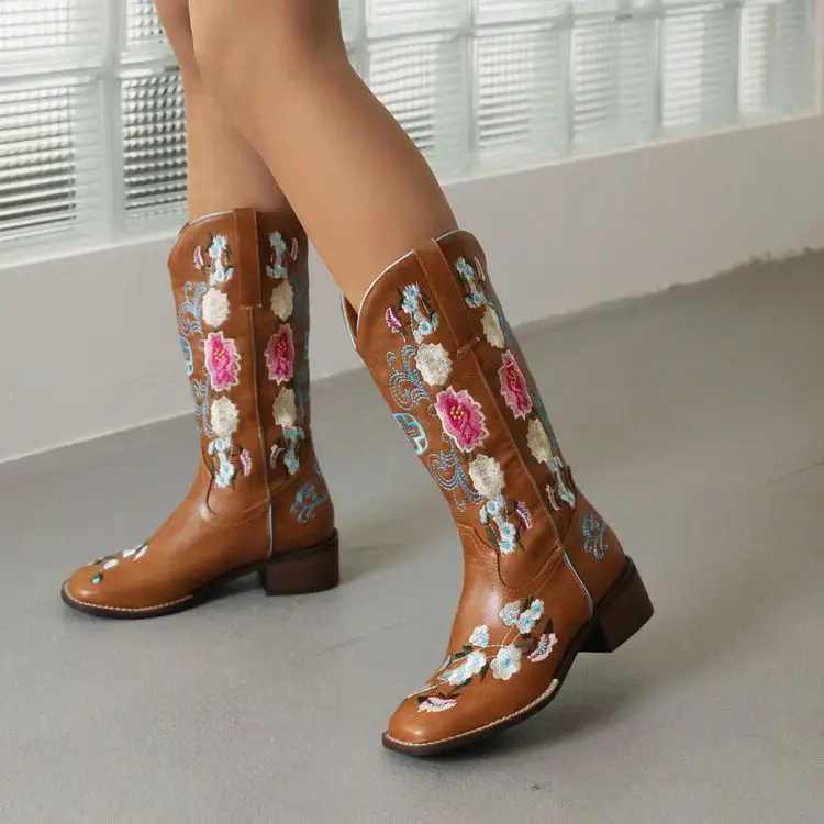 

IPPEUM Mid Calf Boots For Women Cowboy Boots Chunky Heel Western Boots Women Designer Luxury Zapatos de Mujer Tendencia 2022