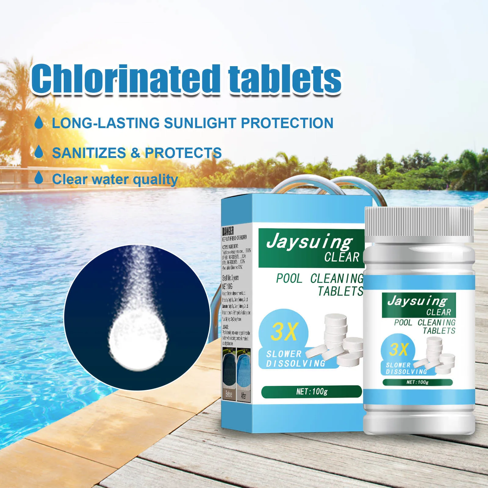 

Pool Chlorinating Tablets Clear Balance Fast Acting & Quick Dissolving Pool Cleaning Maintenance Accessories 50/100g Home