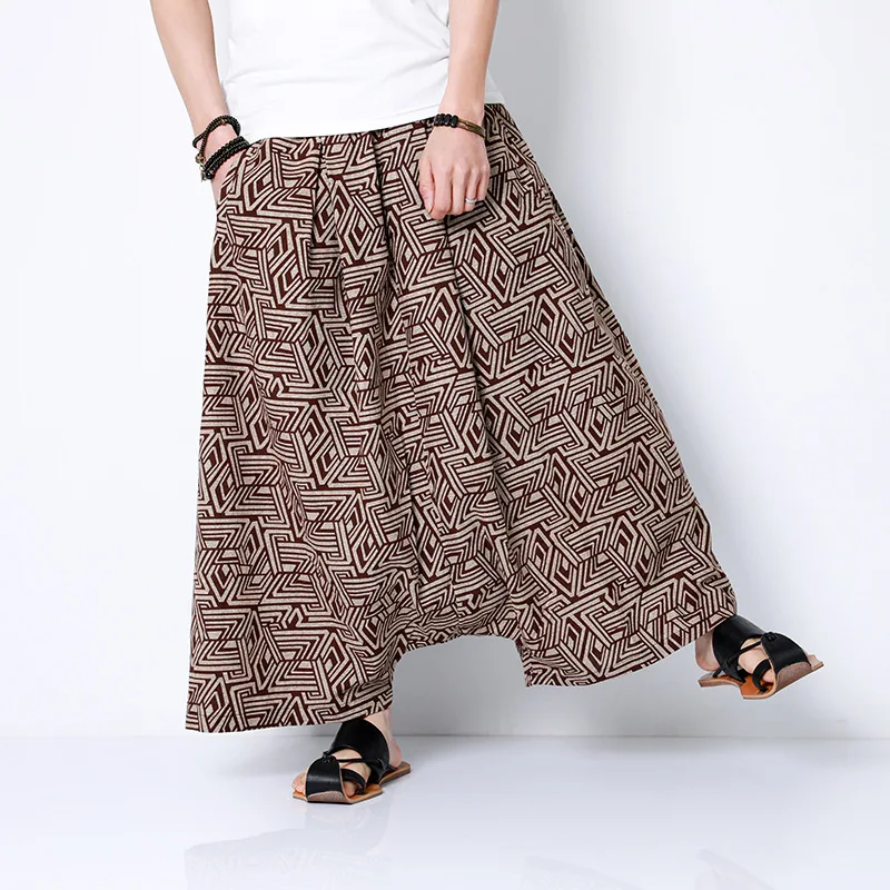 

Chinese Style Men Print Casual Loose Wide Leg Harem Pants Nepal Thailand Indian Ethnic Longji Bloomers Trousers Beach Streetwear