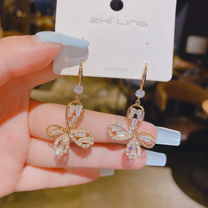 

925 Silver Needle Korea Butterfly Micro Inlaid Diamond Pendant Earrings Korean Version Fashion Zircon Earrings Women's Jewelry