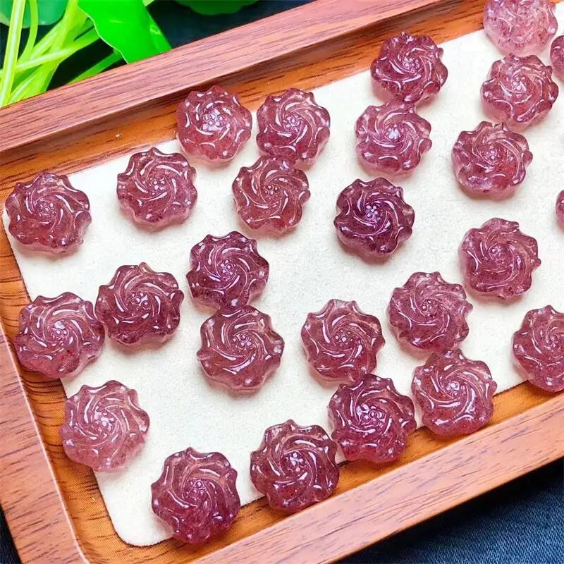 

5pcs Natural Strawberry Quartz Flower Crystal Carving Healing Hand Carved Gemstone DIY Children Decoration Gift 14mm