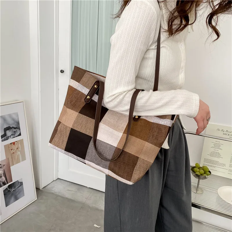 

New Tote Shoulder Bag for Women Large Capacity Canvas Lattice Women's Handbag Casual Totes Fashion Messenger Female Shopper