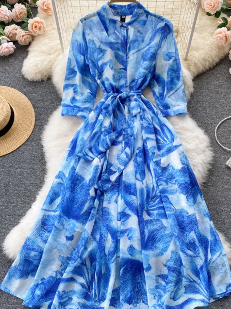 Женское платье-поло с цветочным принтом до середины икры | Женская одежда