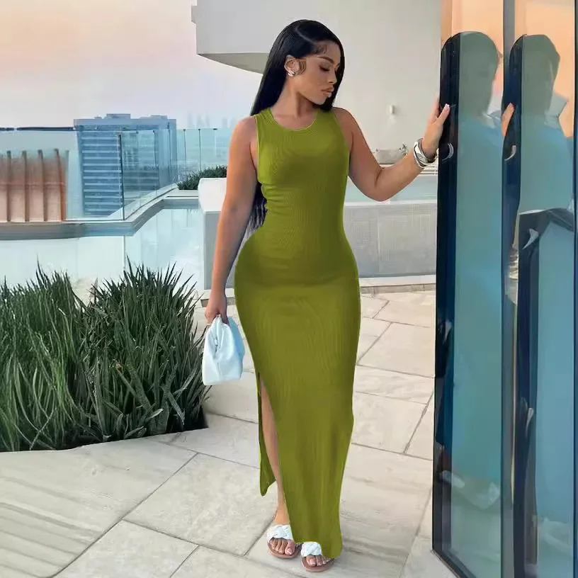 Женское облегающее платье без рукавов с круглым вырезом и высокой талией