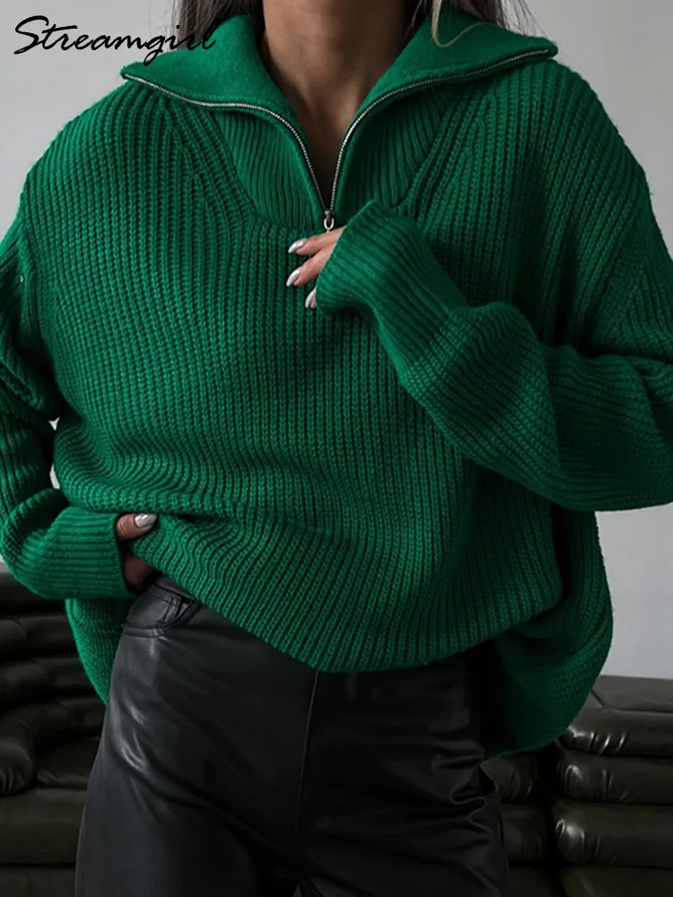 Oversized Christmas Sweater Woman Winter 2022 Loose Jumpers Blue Knitted Pullovers Dark Green Zipper Sweater Oversize For Women
