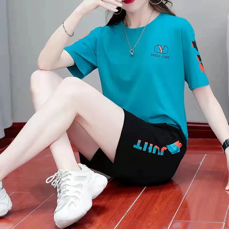 

Large size Loose Shorts Sets Women 2023 New Summer Casual 2 Piece Sets Woman Running Suit Short T-Shirts + Pants Sets Tracksuits